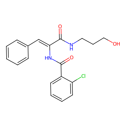 2-chloro-N-(3-((3-hydroxypropyl)amino)-3-oxo-1-phenylprop-1-en-2-yl)benzamide structure