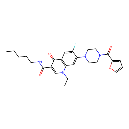 1-ethyl-6-fluoro-7-(4-(furan-2-carbonyl)piperazin-1-yl)-4-oxo-N-pentyl-1,4-dihydroquinoline-3-carboxamide structure