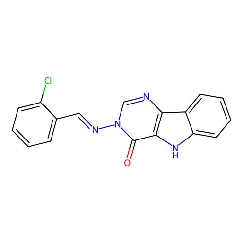 (E)-3-((2-chlorobenzylidene)amino)-3H-pyrimido[5,4-b]indol-4(5H)-one structure