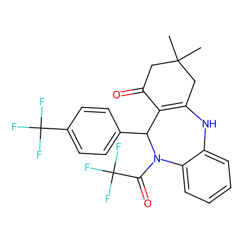 2,2,2-trifluoro-1-{1-hydroxy-3,3-dimethyl-11-[4-(trifluoromethyl)phenyl]-2,3,4,11-tetrahydro-10H-dibenzo[b,e][1,4]diazepin-10-yl}ethanone structure