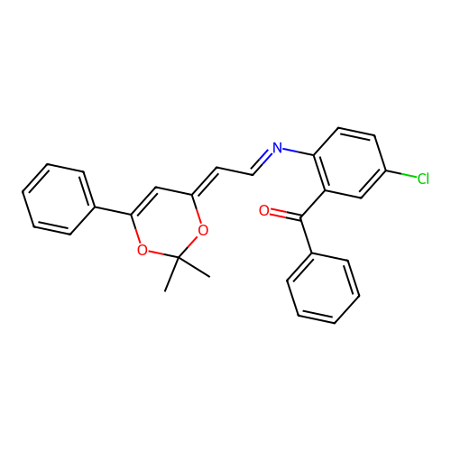(5-chloro-2-((2-(2,2-dimethyl-6-phenyl-4H-1,3-dioxin-4-ylidene)ethylidene)amino)phenyl)(phenyl)methanone structure