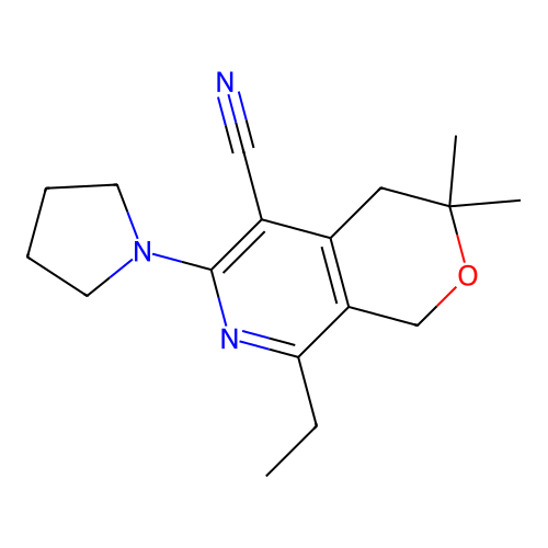 8-ethyl-3,3-dimethyl-6-(pyrrolidin-1-yl)-3,4-dihydro-1H-pyrano[3,4-c]pyridine-5-carbonitrile structure