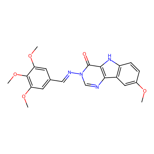 (E)-8-methoxy-3-((3,4,5-trimethoxybenzylidene)amino)-3H-pyrimido[5,4-b]indol-4(5H)-one structure