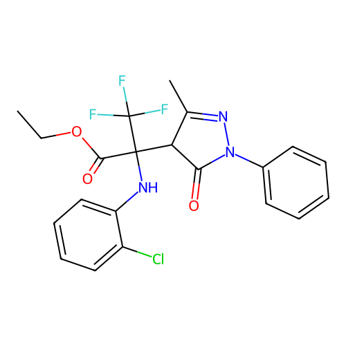 ethyl 2-((2-chlorophenyl)amino)-3,3,3-trifluoro-2-(3-methyl-5-oxo-1-phenyl-4,5-dihydro-1H-pyrazol-4-yl)propanoate structure