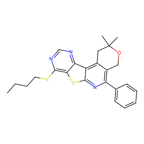 8-(butylsulfanyl)-2,2-dimethyl-5-phenyl-1,4-dihydro-2H-pyrano[4'',3'':4',5']pyrido[3',2':4,5]thieno[3,2-d]pyrimidine structure