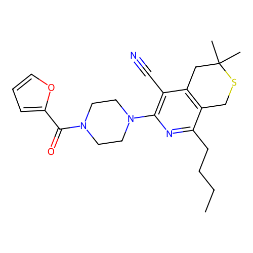 8-butyl-6-(4-(furan-2-carbonyl)piperazin-1-yl)-3,3-dimethyl-3,4-dihydro-1H-thiopyrano[3,4-c]pyridine-5-carbonitrile structure