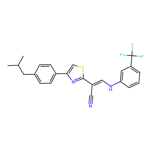 (E)-2-(4-(4-isobutylphenyl)thiazol-2-yl)-3-((3-(trifluoromethyl)phenyl)amino)acrylonitrile structure