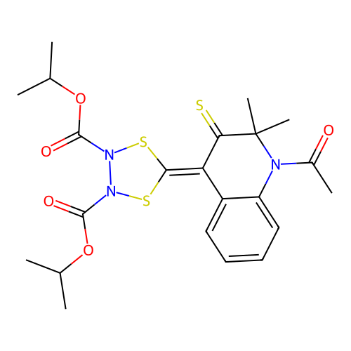 diisopropyl 5-(1-acetyl-2,2-dimethyl-3-thioxo-2,3-dihydroquinolin-4(1H)-ylidene)-1,4,2,3-dithiadiazolidine-2,3-dicarboxylate structure