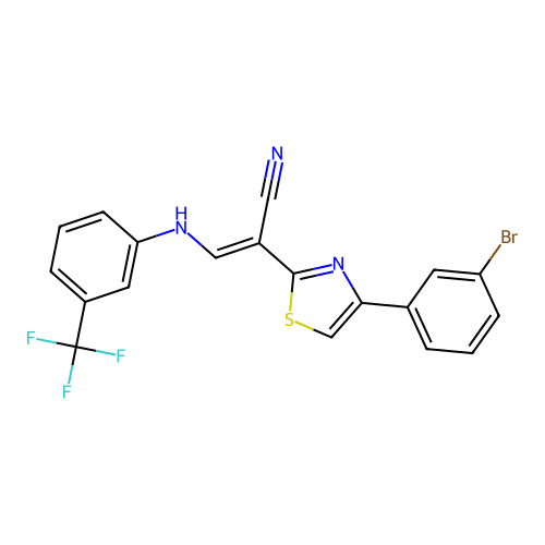 (E)-2-(4-(3-bromophenyl)thiazol-2-yl)-3-((3-(trifluoromethyl)phenyl)amino)acrylonitrile structure