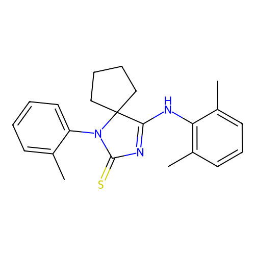 (4Z)-4-[(2,6-dimethylphenyl)imino]-1-(2-methylphenyl)-1,3-diazaspiro[4.4]nonane-2-thione structure