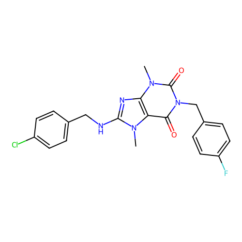 8-((4-chlorobenzyl)amino)-1-(4-fluorobenzyl)-3,7-dimethyl-1H-purine-2,6(3H,7H)-dione structure