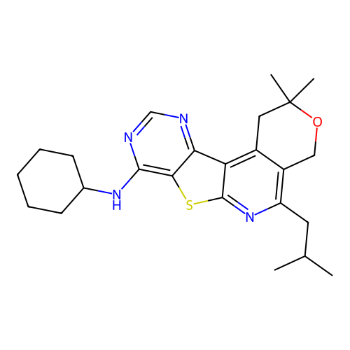 N-cyclohexyl-2,2-dimethyl-5-(2-methylpropyl)-1,4-dihydro-2H-pyrano[4'',3'':4',5']pyrido[3',2':4,5]thieno[3,2-d]pyrimidin-8-amine structure