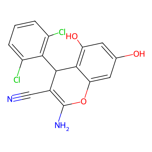 2-amino-4-(2,6-dichlorophenyl)-5,7-dihydroxy-4H-chromene-3-carbonitrile structure