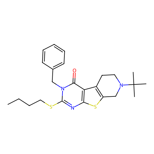 3-benzyl-7-(tert-butyl)-2-(butylthio)-5,6,7,8-tetrahydropyrido[4',3':4,5]thieno[2,3-d]pyrimidin-4(3H)-one structure