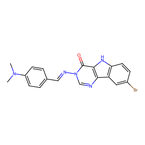(E)-8-bromo-3-((4-(dimethylamino)benzylidene)amino)-3H-pyrimido[5,4-b]indol-4(5H)-one structure