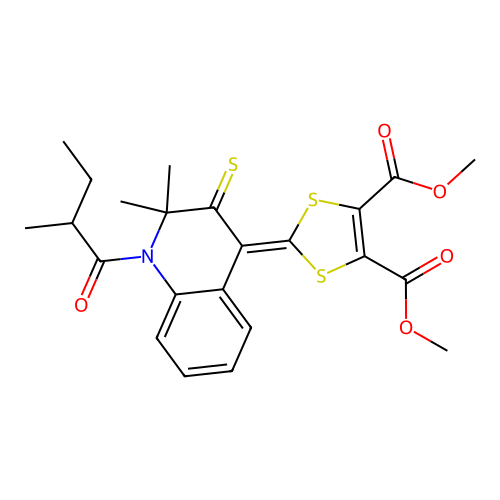 2-[2,2-Dimethyl-1-(2-methyl-butyryl)-3-thioxo-2,3-dihydro-1H-quinolin-4-ylidene]-[1,3]dithiole-4,5-dicarb oxylic acid dimethyl ester structure