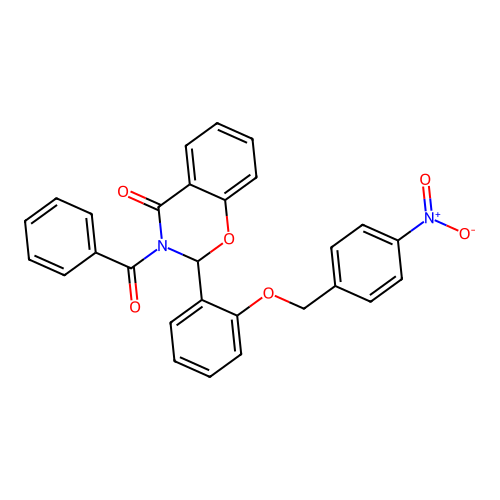 3-benzoyl-2-[2-[(4-nitrophenyl)methoxy]phenyl]-2H-1,3-benzoxazin-4-one structure