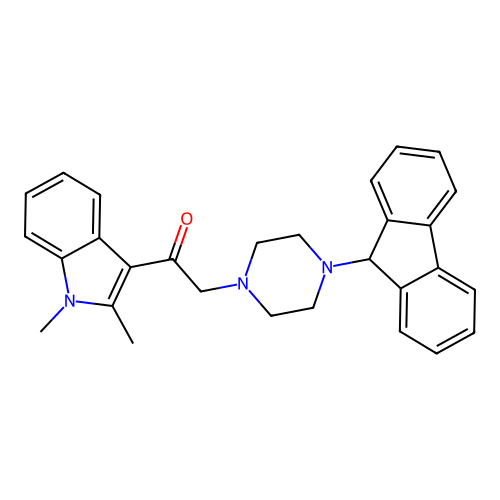 1-(1,2-dimethyl-1H-indol-3-yl)-2-[4-(9H-fluoren-9-yl)piperazin-1-yl]ethanone structure