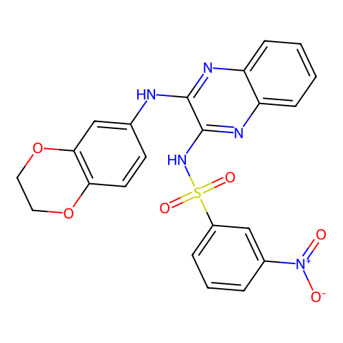 N-[3-(2,3-dihydro-1,4-benzodioxin-6-ylamino)quinoxalin-2-yl]-3-nitrobenzenesulfonamide structure