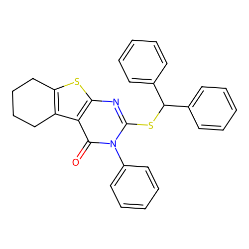2-(benzhydrylthio)-3-phenyl-5,6,7,8-tetrahydrobenzo[4,5]thieno[2,3-d]pyrimidin-4(3H)-one structure