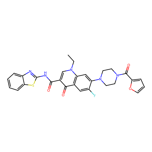 N-(1,3-benzothiazol-2-yl)-1-ethyl-6-fluoro-7-[4-(furan-2-carbonyl)piperazin-1-yl]-4-oxoquinoline-3-carboxamide structure