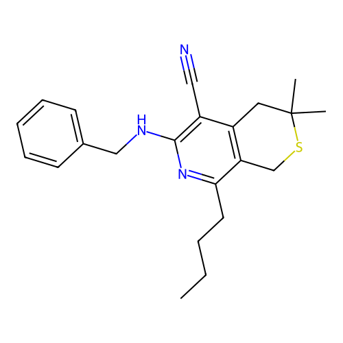 6-(benzylamino)-8-butyl-3,3-dimethyl-3,4-dihydro-1H-thiopyrano[3,4-c]pyridine-5-carbonitrile structure