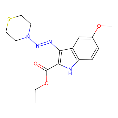 ethyl 5-methoxy-3-[(E)-thiomorpholin-4-yldiazenyl]-1H-indole-2-carboxylate structure