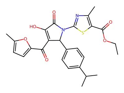 ethyl 2-{(3E)-3-[hydroxy(5-methylfuran-2-yl)methylidene]-4,5-dioxo-2-[4-(propan-2-yl)phenyl]pyrrolidin-1-yl}-4-methyl-1,3-thiazole-5-carboxylate structure