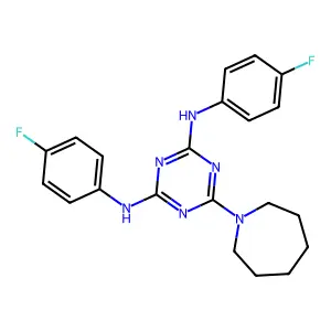 6-(azepan-1-yl)-N,N'-bis(4-fluorophenyl)-1,3,5-triazine-2,4-diamine structure