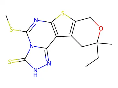 10-ethyl-10-methyl-5-(methylsulfanyl)-10,11-dihydro-8H-pyrano[4',3':4,5]thieno[3,2-e][1,2,4]triazolo[4,3-c]pyrimidine-3-thiol structure