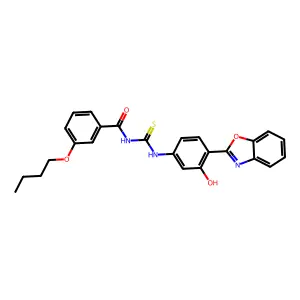 N-[4-(1,3-benzoxazol-2-yl)-3-hydroxyphenyl]-N'-(3-butoxybenzoyl)thiourea structure