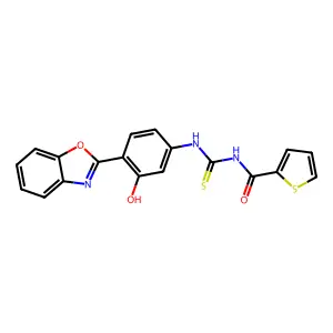 N-((4-(benzo[d]oxazol-2-yl)-3-hydroxyphenyl)carbamothioyl)thiophene-2-carboxamide structure