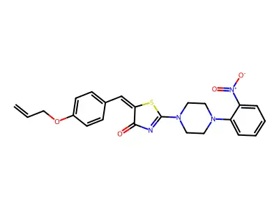 (5E)-2-[4-(2-nitrophenyl)piperazin-1-yl]-5-[(4-prop-2-enoxyphenyl)methylidene]-1,3-thiazol-4-one structure