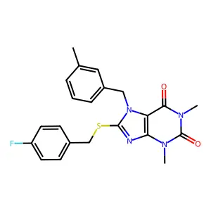 8-((4-fluorobenzyl)thio)-1,3-dimethyl-7-(3-methylbenzyl)-1H-purine-2,6(3H,7H)-dione structure