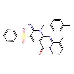 2-imino-10-methyl-1-[(4-methylphenyl)methyl]-3-(phenylsulfonyl)-1,6-dihydropyr idino[2,3-d]pyridino[1,2-a]pyrimidin-5-one structure
