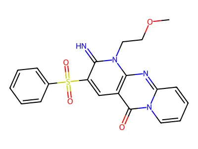 2-imino-1-(2-methoxyethyl)-3-(phenylsulfonyl)-1,2-dihydro-5H-dipyrido[1,2-a:2',3'-d]pyrimidin-5-one structure