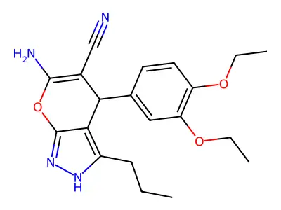 6-amino-4-(3,4-diethoxyphenyl)-3-propyl-1,4-dihydropyrano[2,3-c]pyrazole-5-carbonitrile structure