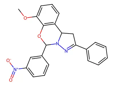7-methoxy-5-(3-nitrophenyl)-2-phenyl-5,10b-dihydro-1H-benzo[e]pyrazolo[1,5-c][1,3]oxazine structure