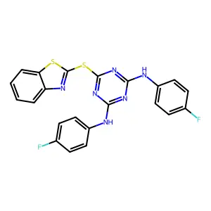 6-(1,3-benzothiazol-2-ylsulfanyl)-N,N'-bis(4-fluorophenyl)-1,3,5-triazine-2,4-diamine structure