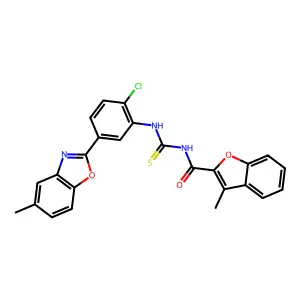N-[[2-chloro-5-(5-methyl-1,3-benzoxazol-2-yl)phenyl]carbamothioyl]-3-methyl-1-benzofuran-2-carboxamide structure