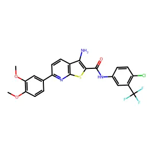 3-amino-N-[4-chloro-3-(trifluoromethyl)phenyl]-6-(3,4-dimethoxyphenyl)thieno[2,3-b]pyridine-2-carboxamide structure