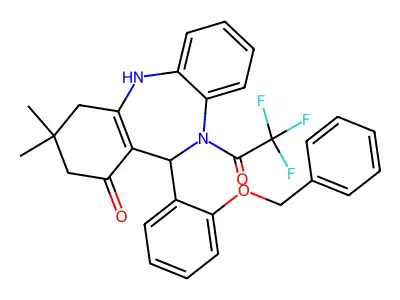 9,9-dimethyl-6-(2-phenylmethoxyphenyl)-5-(2,2,2-trifluoroacetyl)-6,8,10,11-tetrahydrobenzo[b][1,4]benzodiazepin-7-one structure