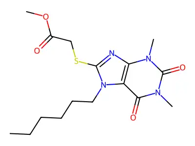 Methyl 2-(7-hexyl-1,3-dimethyl-2,6-dioxopurin-8-yl)sulfanylacetate structure