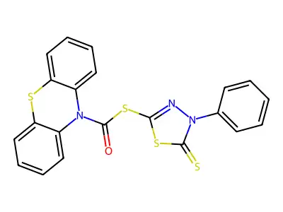 S-(4-phenyl-5-thioxo-4,5-dihydro-1,3,4-thiadiazol-2-yl) 10H-phenothiazine-10-carbothioate structure