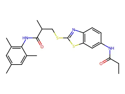 2-methyl-3-[[6-(propanoylamino)-1,3-benzothiazol-2-yl]sulfanyl]-N-(2,4,6-trimethylphenyl)propanamide structure