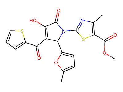 methyl 2-[(3E)-3-[hydroxy(thiophen-2-yl)methylidene]-2-(5-methylfuran-2-yl)-4,5-dioxopyrrolidin-1-yl]-4-methyl-1,3-thiazole-5-carboxylate structure