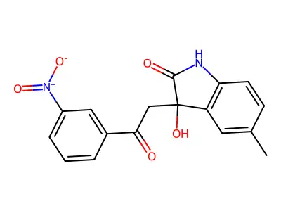 3-hydroxy-5-methyl-3-[2-(3-nitrophenyl)-2-oxoethyl]-1,3-dihydro-2H-indol-2-one structure