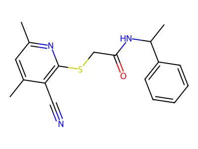 2-[(3-cyano-4,6-dimethylpyridin-2-yl)sulfanyl]-N-(1-phenylethyl)acetamide structure