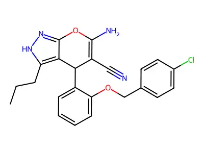 6-amino-4-{2-[(4-chlorobenzyl)oxy]phenyl}-3-propyl-2,4-dihydropyrano[2,3-c]pyrazole-5-carbonitrile structure