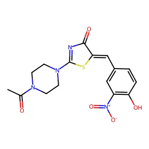 (E)-2-(4-acetylpiperazin-1-yl)-5-(4-hydroxy-3-nitrobenzylidene)thiazol-4(5H)-one structure